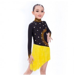 Competition tassels latin dresses for kids children  black with yellow rhinestones long sleeves salsa rumba chacha samba stage performance professional ballroom dresses