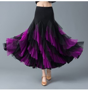 competition Women's violet red with black ballroom dancing skirts stage performance waltz tango dance ruffles skirts