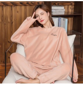 Coral fleece pajamas women's long-sleeved sleep wear fairy warm night home suit outer wear thick round neck ladies Tracksuit