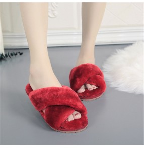 Cross plush yellow fluffy home indoor slippers women fashion home slippers Korean style large size open toe hairy slippers