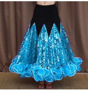 Cusom size Flowers ballroom dancing skirts for women girls royal blue white green turquoise competition stage performance ballroom tango foxtort smooth dance skirts for female