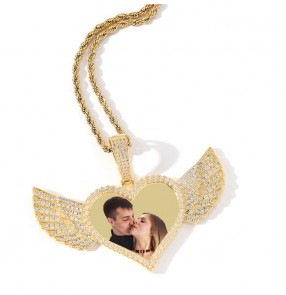 Custom photo hiphop fashion love wings necklace for women men Wedding anniversary Valentine's Day birthday gift family memory photos pendant DIY neckalce for couple