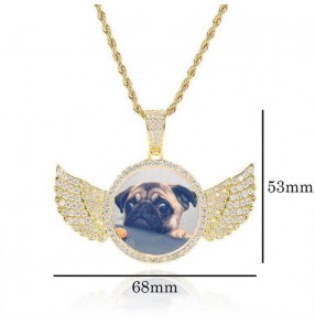 Custom photo Hiphop necklace collection memory angel wings round photo pendant inlaid zircon DIY creative gift hip-hop photo frame necklace jewelry