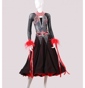 Custom size adult kids black red diamond feather competition ballroom dance dress for women girls waltz tango foxtrot long dress stage performance dance gown