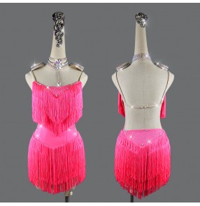 Custom size adult kids fuchsia hot pink tassels rhinestones competition latin dance dresses for women girls stage performance rumba salsa chacha dance dresses