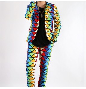 Custom size adult kids youth Rainbow geometric jazz dance costumes hiphop rapper singers gogo dancers print suit stage suit jacket and pants trendy male hair stylist suit