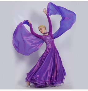Custom Size Ballroom dance dresses red royal blue violet long sleeves competition stage performance professional waltz tango dancing skirts 