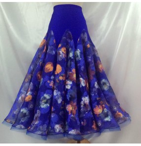 Custom size ballroom dance skirt for girls women female competition stage performance royal blue floral ballroom waltz tango dance skirts