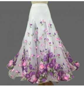 Custom size Ballroom dance skirt waltz tango white with violet flowers stage performance tango waltz dance skirt