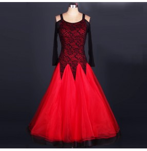 Custom size ballroom dancing dresses for children girls lace black with red long length tango chacha dancing dress costumes