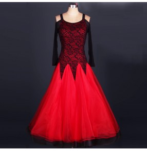 Custom size ballroom dancing dresses for children girls lace black with red long length tango chacha dancing dress costumes