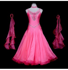 Custom size ballroom dresses for women girls pink colored female professional diamond waltz tango flamenco dancing long dresses