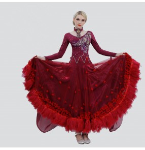 Custom size ballroom waltz tango competition dresses for children adult flamenco wine red royal blue yellow pink big feather skirted dresses 