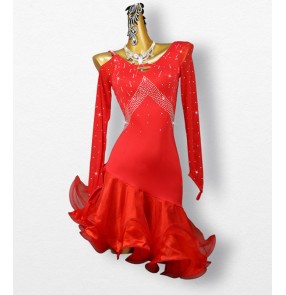 Custom size black red latin dance dresses with diamond sparkle irregular ruffles skirts competition salsa rumba cha cha ballroom dancing outfits for kids women