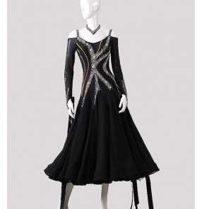 Custom size black with colorful rhinestones competition ballroom dance dress for women girls kids professional waltz tango foxtrot smooth dance long bling dress 