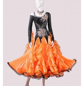 Custom size black with orange competition ballroom dance dress for women girls kids professional waltz tango foxtrot smooth ballroom dancing dresses