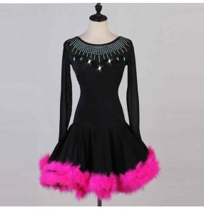 Custom size black with pink feather latin dance dresses for kids children ballroom dance dresses long sleeves rhinestones latin dance costumes for girls 