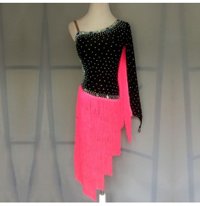Custom size black with pink rhinestones girls women competition latin dance dresses rumba salsa chacha dance dress