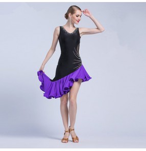 Custom size black with purple womne's girls competition rhinstones latin dance dresses salsa chacha rumba dance dress skirts