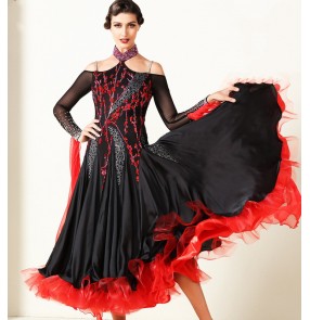 Custom size Black with red lace National standard competition ballroom dance dress for women girls performance ballroom dance big dress Waltz tango foxtort dance costume