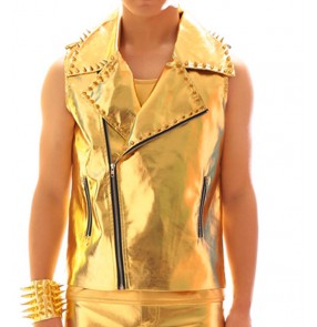 Custom size boy men gold rivevet pu leather jazz drum performance waistcosts youth young man singers host model show stage performance hiphop vest 