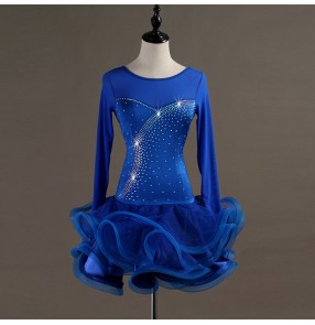 Custom size children adult latin dancing dresses rhinestones long sleeves royal blue ballroom chacha rumba salsa dance skirts dresses