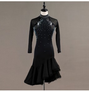 Custom size children adult long sleeves ballroom latin dresses diamond stage performance competition rumba chacha dancing dresses skirts