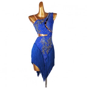 Custom size Children Royal blue Competition fringe Latin Dance Dresses Girls rhinestones rumba chacha salsa tassels latin dance wear modern dance outfits for kids