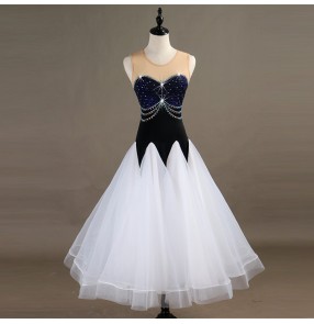 Custom size children women ballroom competition dresses black with white patchwork rhinestones professional tango waltz dancing long dresses