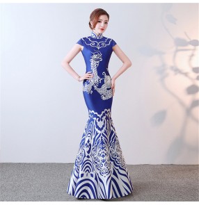 Custom size Chinese dresses oriental qipao dress for women Host singers dress blue white porcelain cheongsam long fishtail show miss etiquette performance evening dress