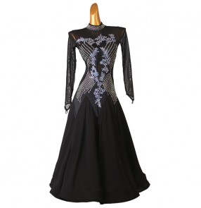 Custom size competition black ballroom dance dress with flowers diamond for women girls waltz tango foxtrot smooth dance long dress for female