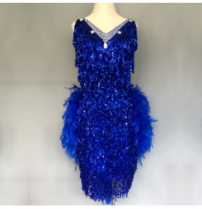 Custom size competition feather latin dance dresses for women girls kids sequined glitter salsa rumba dance wear for children