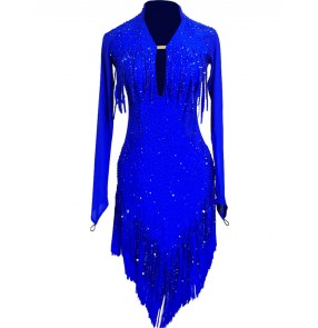 Custom size competition royal blue latin dance dresses for women girls tassels handmade rhinestones stage performance competition latin dance skirts latin dance costumes