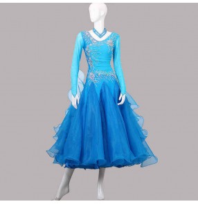 Custom size competition women girls turquoise colored Ballroom dance dresses long sleeves Ballroom dance performance skirts waltz tango dance dress ballroom dance costumes