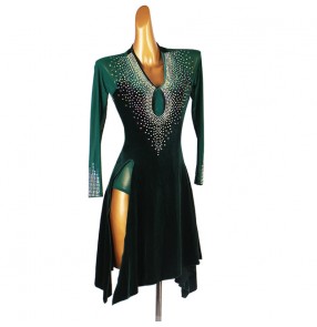 Custom size Dark green velvet rhinestones competition latin dance dress for women girls latin dance costumes stage performance rumba chacha dance dress for lady 