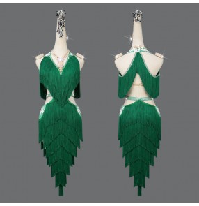 Custom size dark green white red black fringe competition latin dance dresses for women girls kids tassels ballroom dance costumes rumba salsa cha cha dance dress