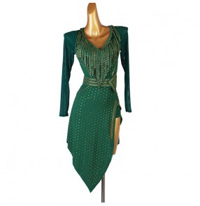 Custom size dark green with gold gemstones competition latin dance dresses for women girls long mesh sleeves back see through fringe salsa chacha dance costumes for lady