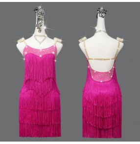 Custom size fuchsia hot pink tassels competition latin dance dresses for women girls kids fringe salsa ballroom solo performance outfits for female