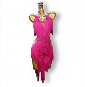 Custom size Fuchsia Tassels Competition Latin Dance Dresses for Women Girls  Layers fringe Rumba Salsa Cha Cha Performance costumes for female