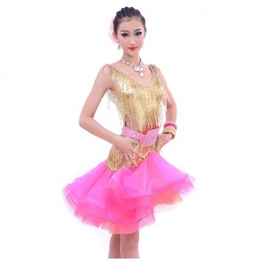 Custom size fuchsia with gold rhinestones girls women competition modern dance latin dance dresses salsa samba dance dresses