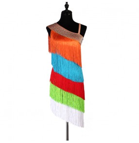 Custom size Girls kids rainbow colorful tassels competition latin dance dresses stage performance latin rumba salsa dance costumes for children