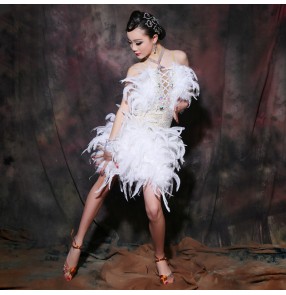 Custom size Girls kids White feather competition latin dance dresses rhinestone professional stage performance rumba salsa chacha dance dress for children latin dance wear