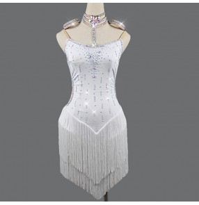 Custom size girls kids women white fringed rhinestones competition latin dance dresses stage performance rumba salsa dance performance dresses