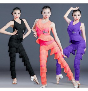 custom size Girls women black Latin dance tassels rompers jumpsuits Children's latin dance overall professional competition fringed one-piece pants 