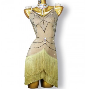 Custom size gold fringe rhinestones competition latin dance dresses for women girls kids children professional ballroom rumba salsa dance costumes for female