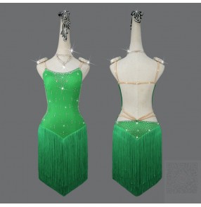 Custom size Green color competition latin dance dresses for women girls professional rumba salsa chacha performance fringe dress with gemstones  for female