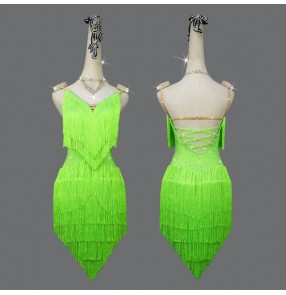 Custom size green competition fringed latin dance dress for kids women professional salsa chacha dance performance costumes for female