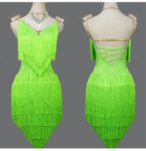 Custom size green competition latin dance dress for girls kids children tassels salsa rumba latin dance skirts with diamond for girls