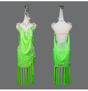 Custom size green competition tassels latin dance dresses with diamond for women girls fringed rumba salsa chacha dance dresses for woman