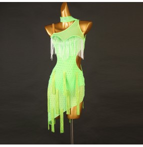 Custom size green diamond competition fringe Slant neck latin dance dresses for women girls salsa rumba cha cha dance costumes for female